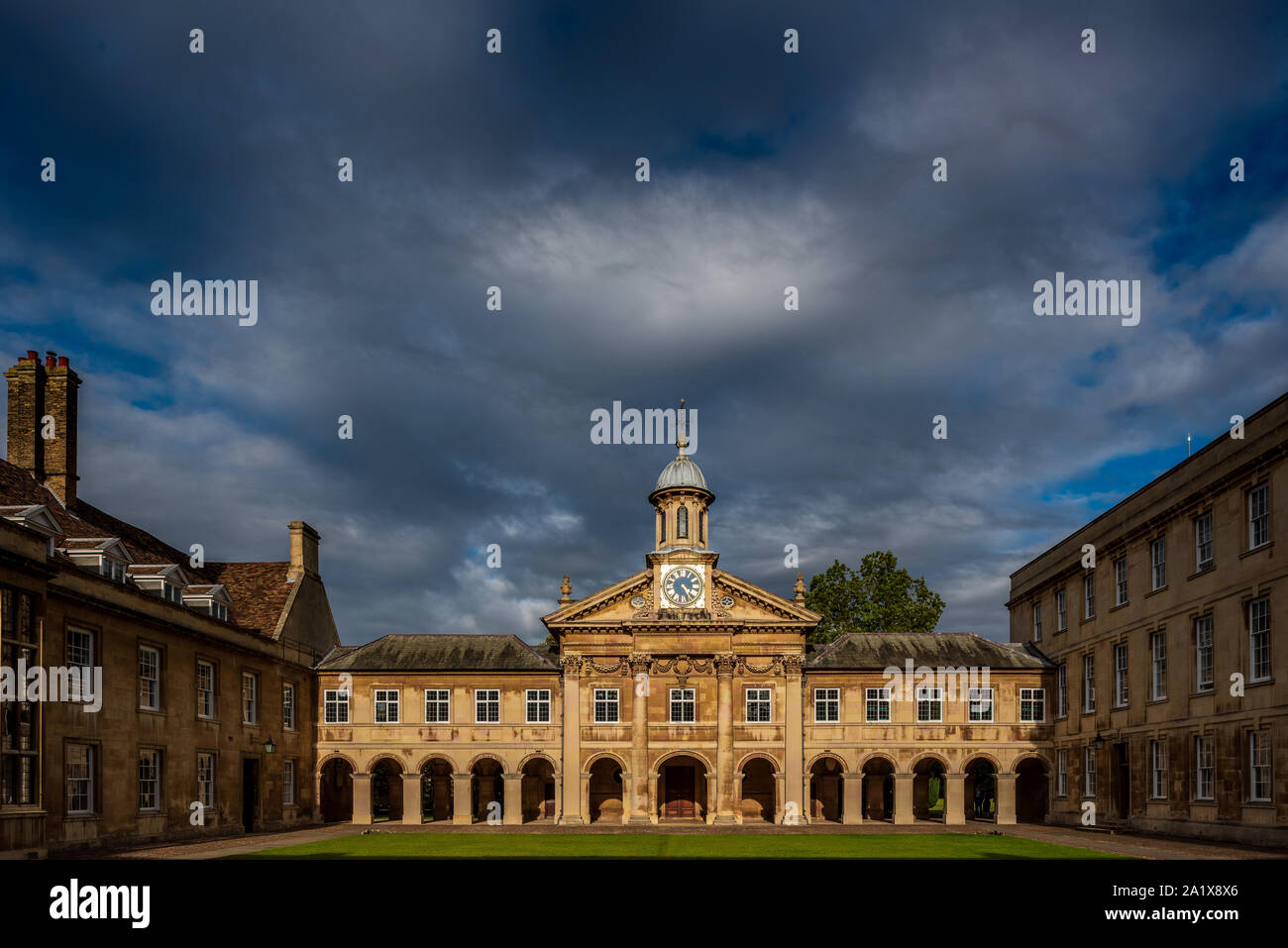 The Clocktower and Front Court at Emmanuel College, Cambridge University. The college was founded in 1584. Architect: Christopher Wren. Stock Photo