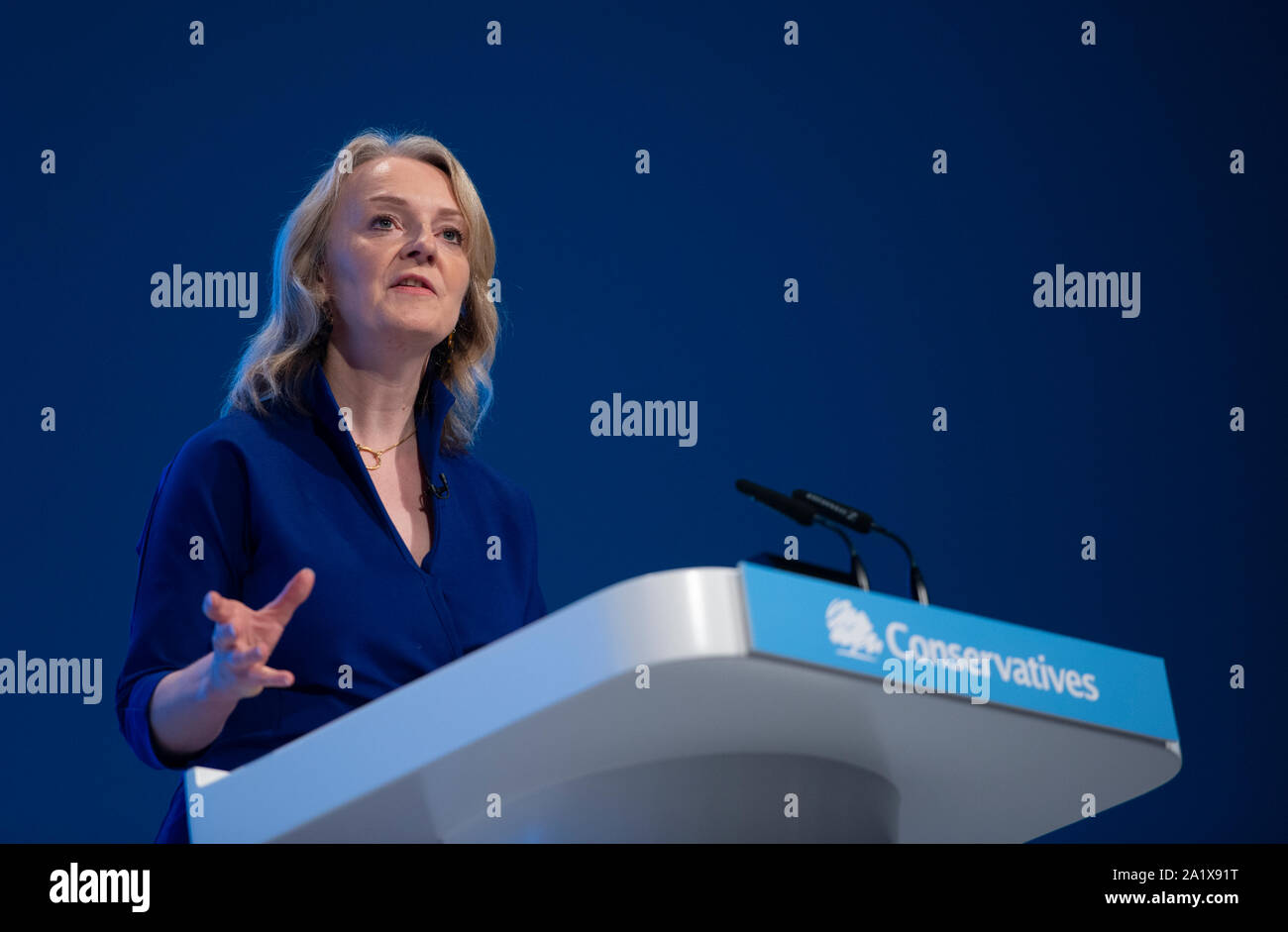 Manchester, UK. 29th September 2019. Liz Truss, Secretary of State for International Trade and President of the Board of Trade, Minister for Women and Equalities and MP for South West Norfolk speaks at day one of the Conservative Party Conference in Manchester. © Russell Hart/Alamy Live News. Stock Photo