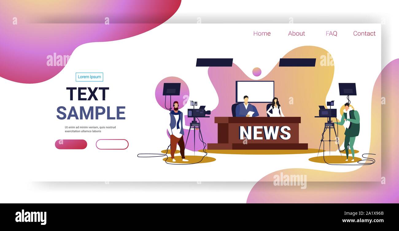 male presenter interviewing woman in television studio tv live news show video camera shooting crew broadcasting concept sketch full length horizontal Stock Vector