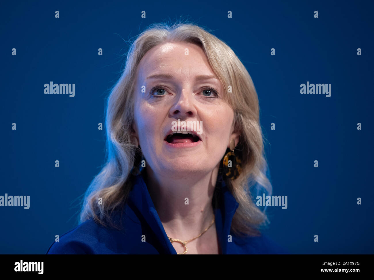 manchester uk 29th september 2019 liz truss secretary of state for international trade and president of the board of trade minister for women and equalities and mp for south west norfolk speaks at day one of the conservative party conference in manchester russell hartalamy live news 2A1X97G