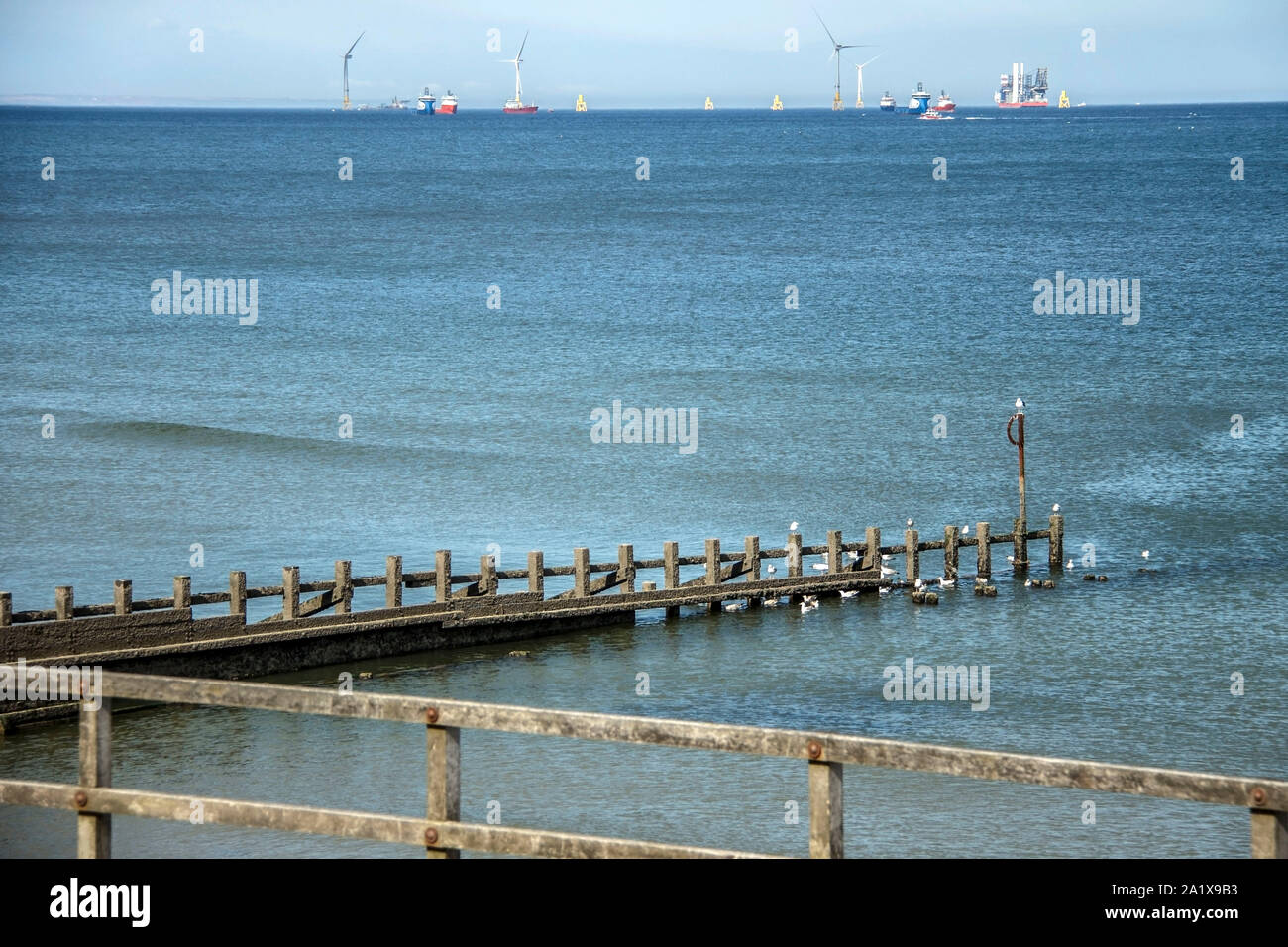 Wind turbines installation. Aberdeen Bay, Aberdeenshire, Scotland, UK Stock Photo