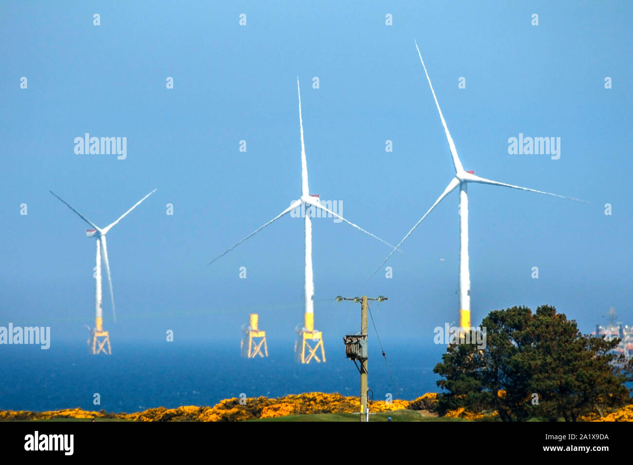 Wind turbines installation. Aberdeen Bay, Aberdeenshire, Scotland, UK Stock Photo