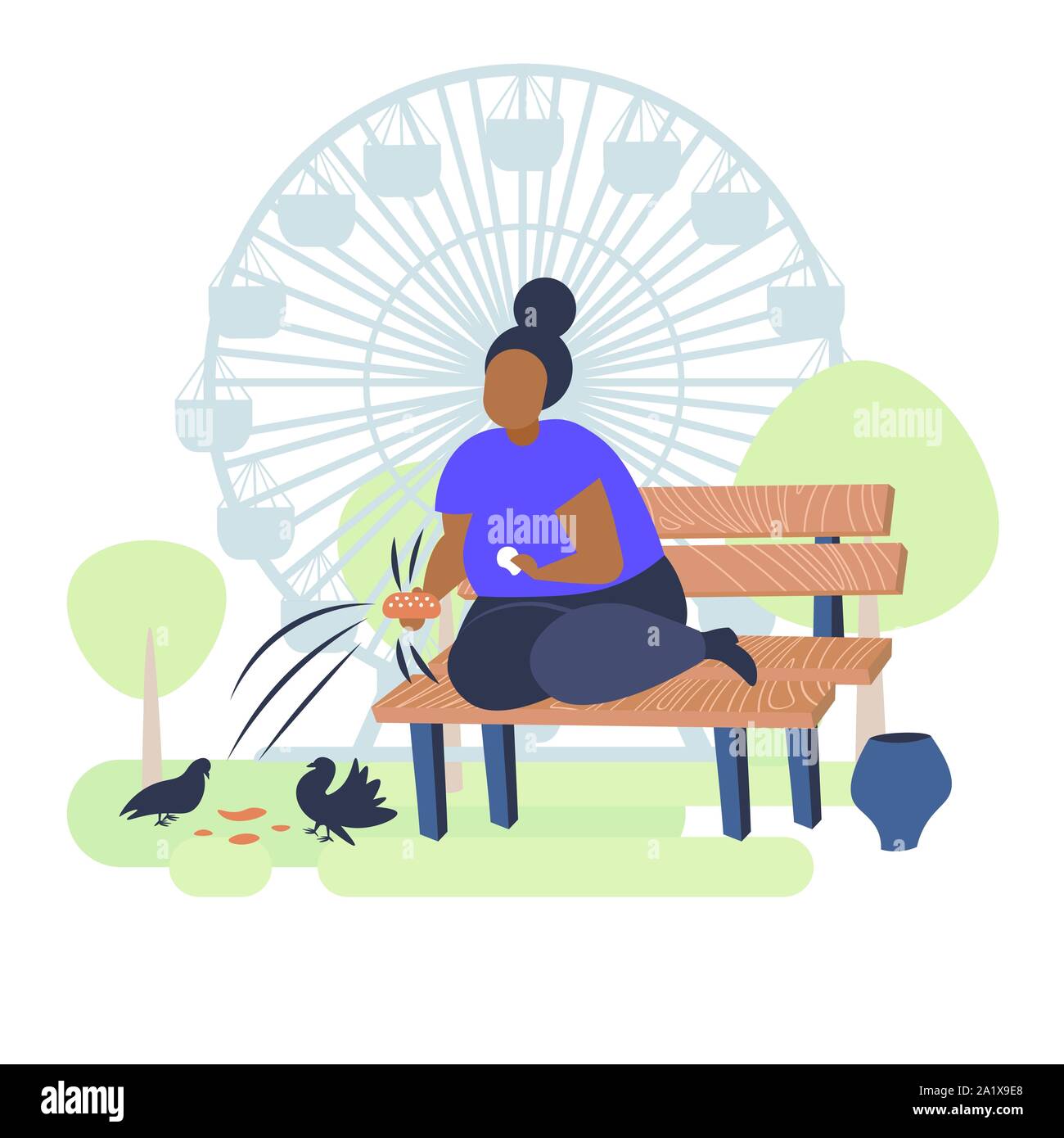 fat obese woman holding bread and feeding flock of pigeon overweight african american girl sitting on wooden bench obesity concept public park Stock Vector
