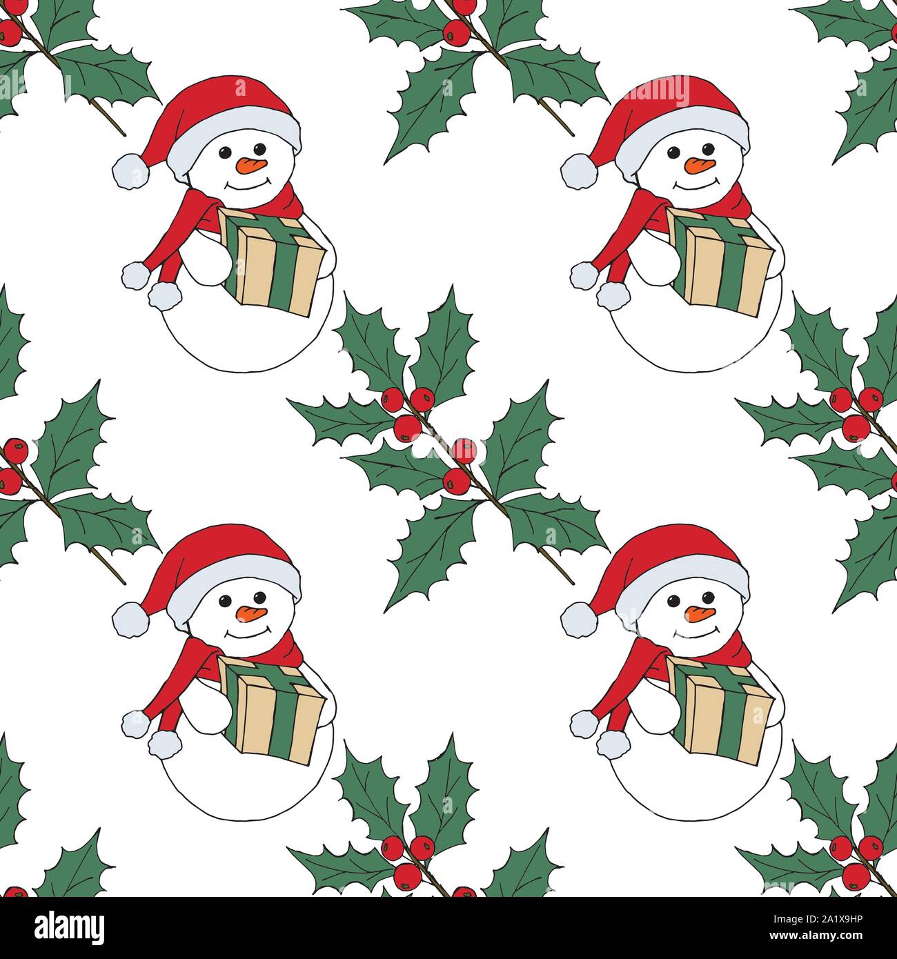 Christmas seamless pattern with snowman, fir trees and snowflakes ...
