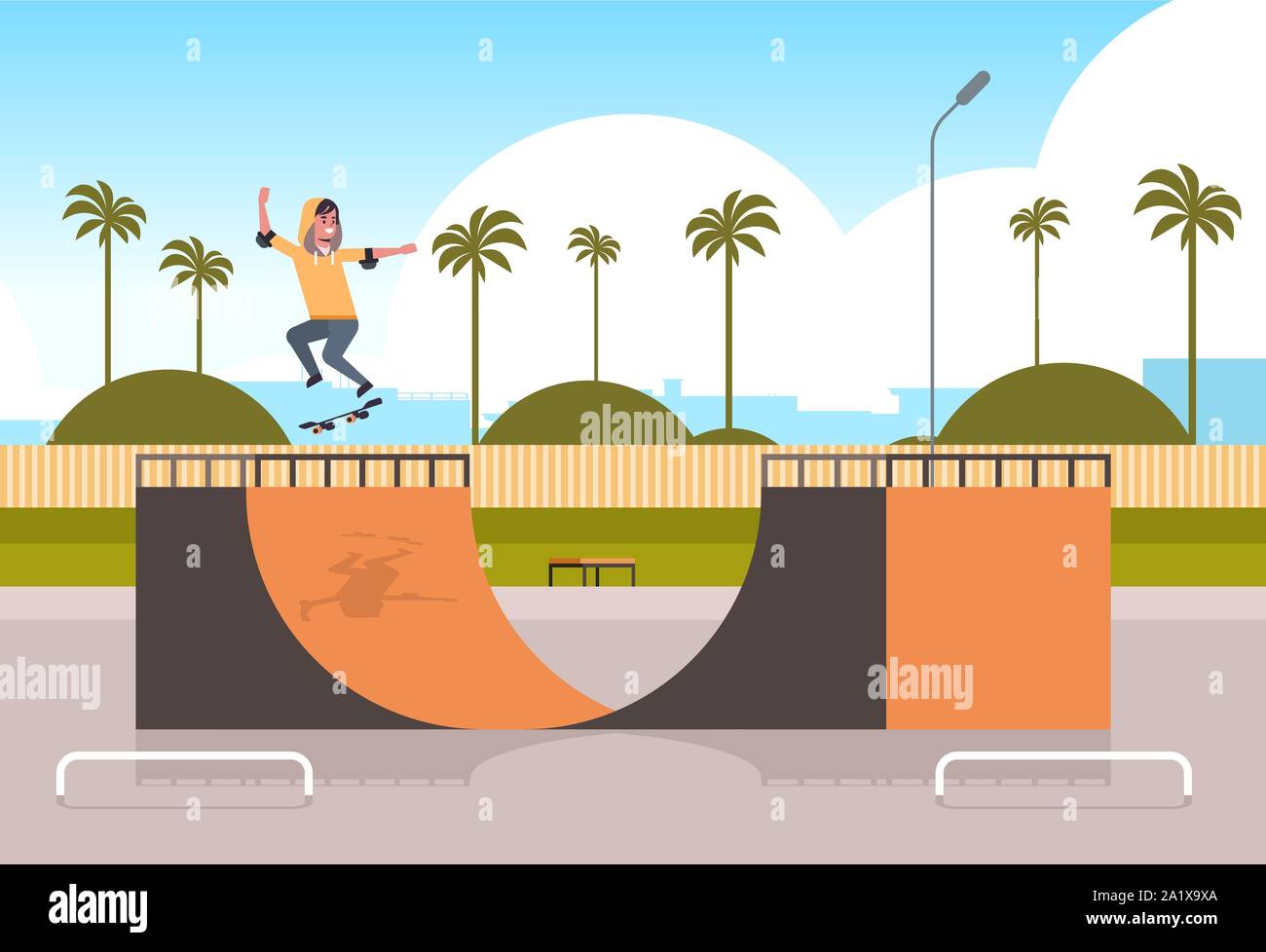 male skater performing tricks in public skate board park with ramp for  skateboarding teenager having fun riding skateboard landscape background  flat full length horizontal vector illustration Stock Vector Image & Art -