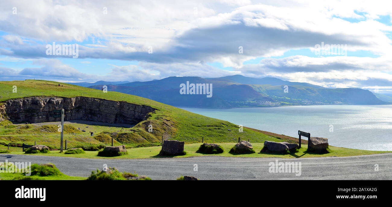 Llandudno, Wales /United Kingdom. Panorama seen at Great Orme County Park. The view of Hill Of Names and Conwy Morfa Beach form Summit Complex. Stock Photo