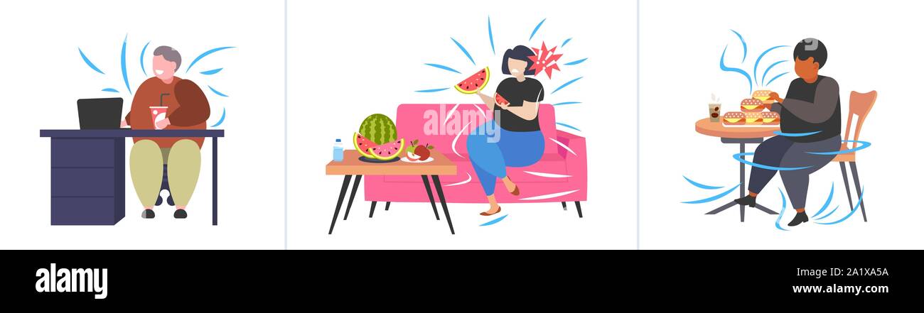 set fat obese people in different situations overweight mix race male female characters collection obesity unhealthy nutrition concept flat full Stock Vector
