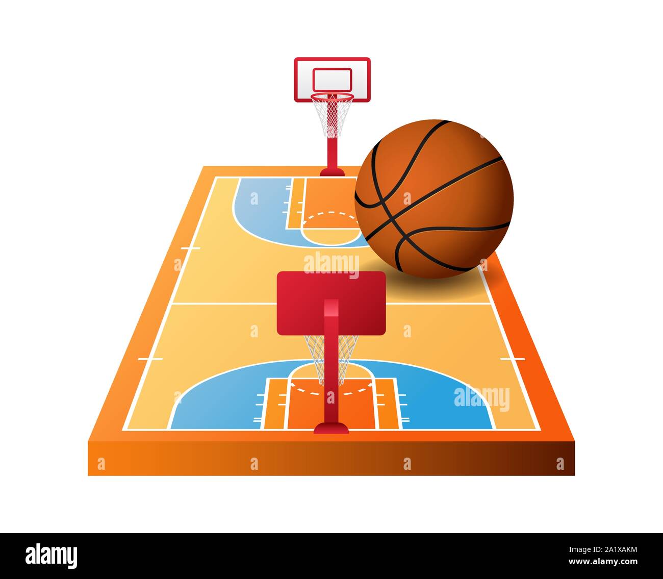 3d basketball court with hoops and orange ball Stock Vector