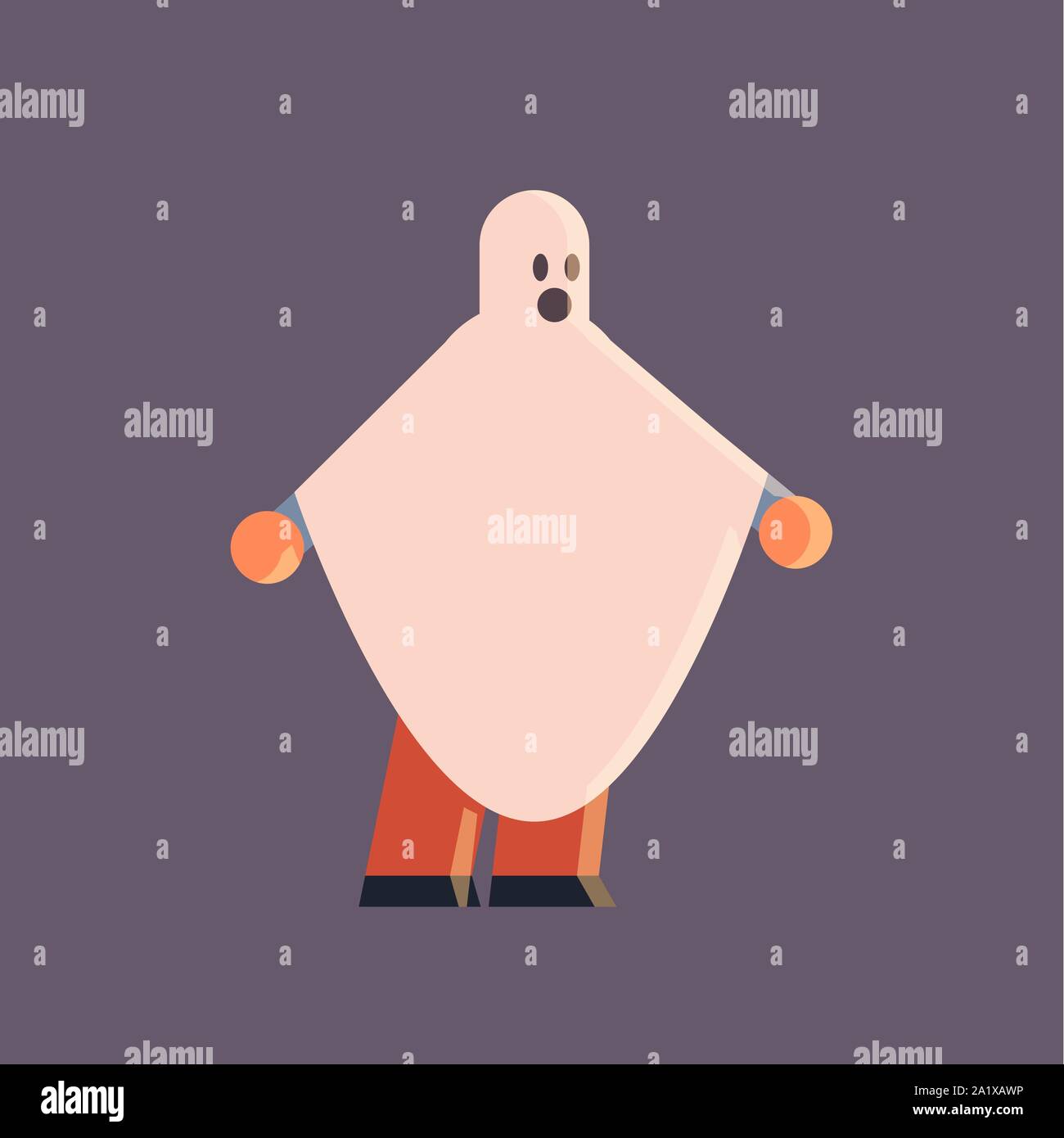 cute guy wearing ghost costume man in cape standing pose happy halloween party celebration concept flat full length Stock Vector