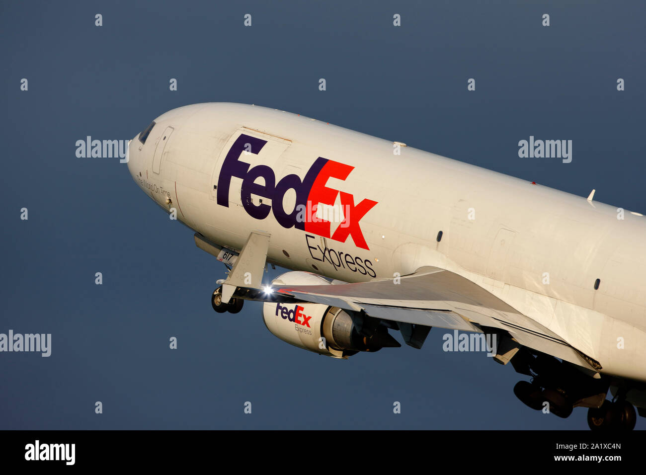 N617FE Federal Express (FedEx) McDonnell Douglas MD-11F taking off from London Stansed airport Stock Photo