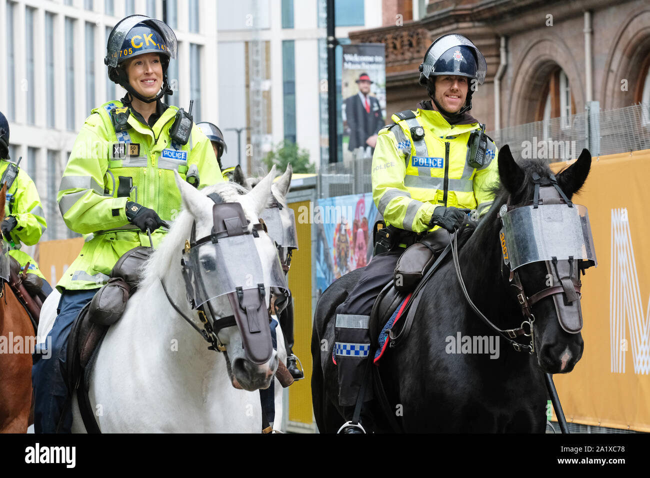 Manchester, UK.  Sunday 29th September 2019.  Police officers on horses patrol the area outside the Midland Hotel at the Conservative Party Conference on the opening day of the Tory event.  Photo Steven May / Alamy Live News Stock Photo