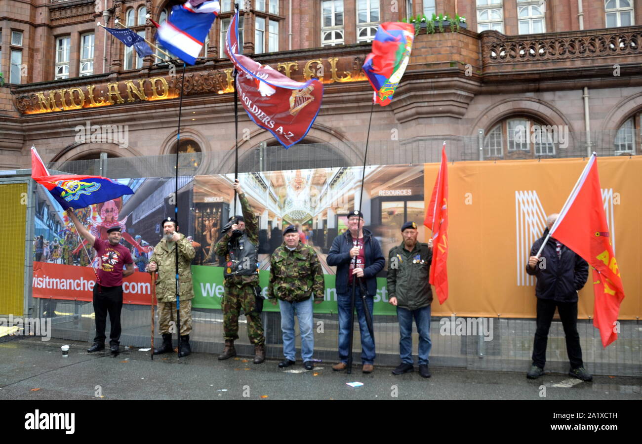 Retired soldiers and allies protested outside the Conservative Party Conference in Manchester, uk, on 29 September, 2019. They are demanding that the prosecution of 'Soldier F' for the Bloody Sunday deaths is dropped. The protest was organised by Millions Veterans March for 'soldiers A to Z'. Stock Photo