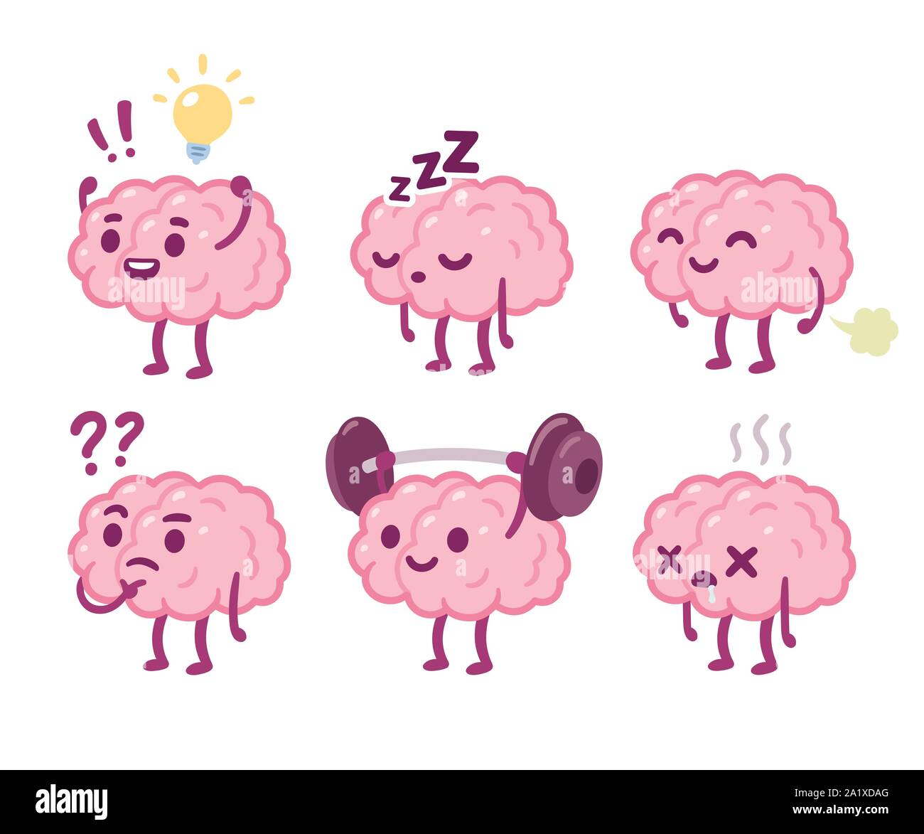 Funny cartoon brain character drawing set. Smart brain with lightbulb, sleeping, farting, thinking, training and dead. Cute vector hand drawn illustra Stock Vector