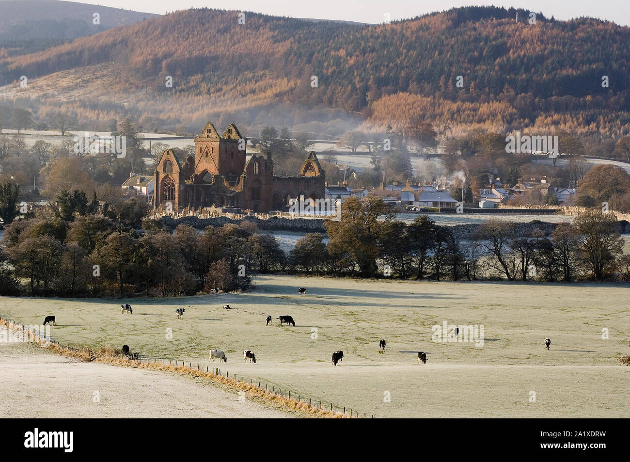Sweatheart Abbey and New Abbey village in winter, Dumfries and Galloway