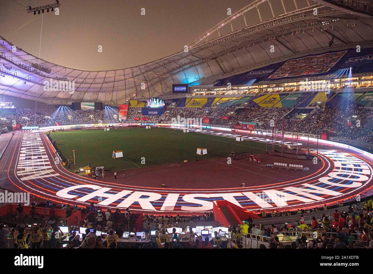 Doha, Katar. 28th Sep, 2019. Feature, presentation of the finalists before the start, Christian COLEMAN (USA/1st place) name is projected onto the track. 100m Men's Final, on 28.09.2019 World Athletics Championships 2019 in Doha/Qatar, from 27.09. - 10.10.2019. | Usage worldwide Credit: dpa/Alamy Live News Stock Photo