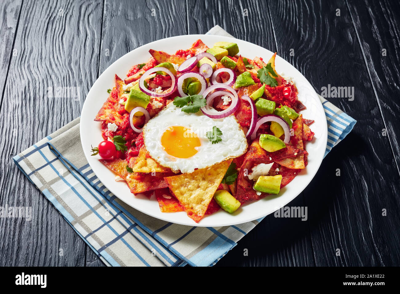 Fried tortilla chips cooked with eggs, tomato salsa, and cheese