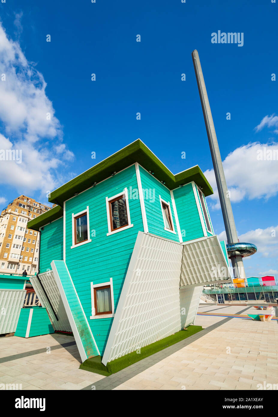 Upside Down house art installation Brighton seafront. Stock Photo