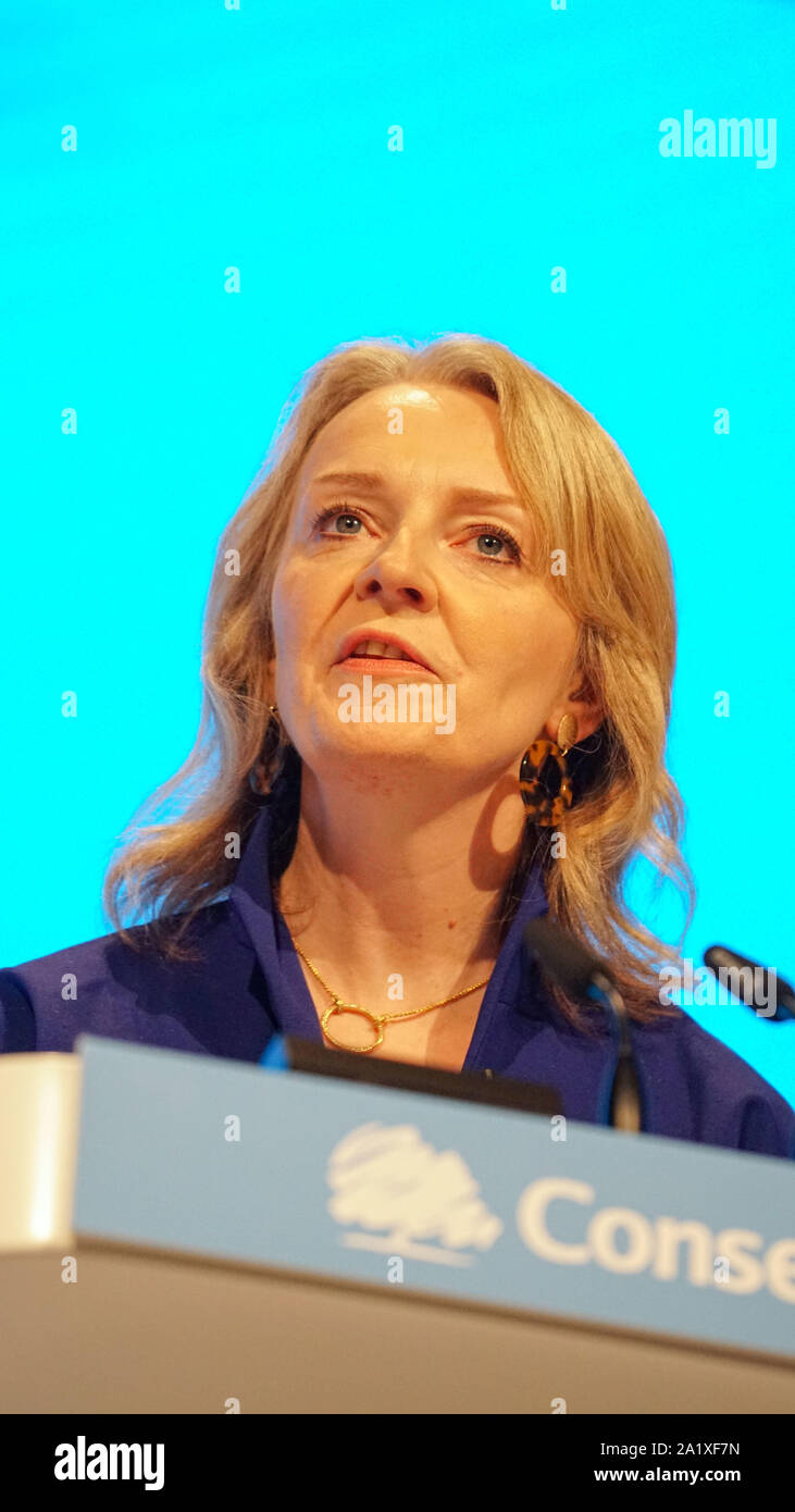 manchester uk 29 september 2019 liz truss secretary of state for international trade speaks to delegates on the first day at the conservative party conference at the manchester central convention complex photo by ioannis alexopolos alamy live news 2A1XF7N
