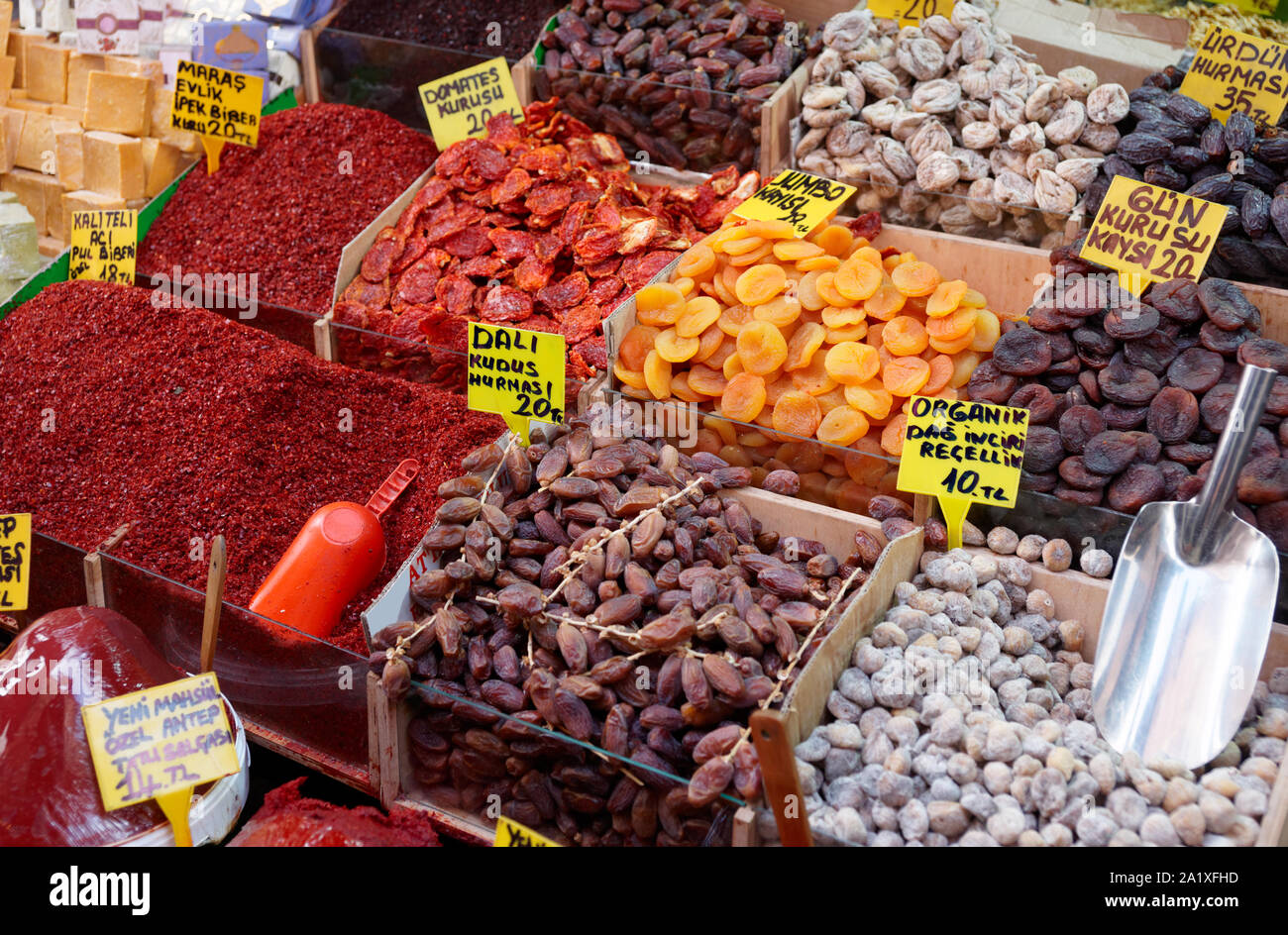 Dried fruits and spices on Turkish market shelf Stock Photo