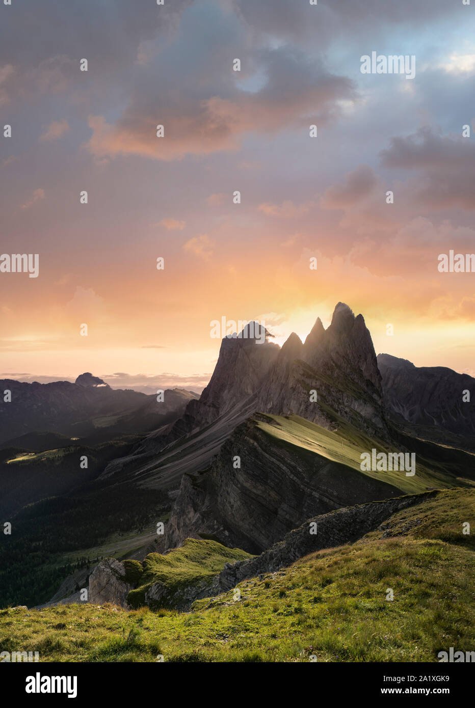 Most beautiful sunrise over rugged Seceda Mountains in the Dolomites Stock Photo
