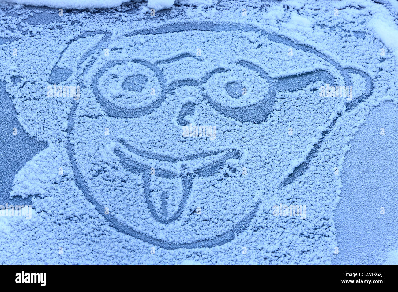 Illustration d'un personnage qui tire la langue sur le pare-brise d'une voiture enneigée. Chamonix. Haute-Savoie. France. Stock Photo