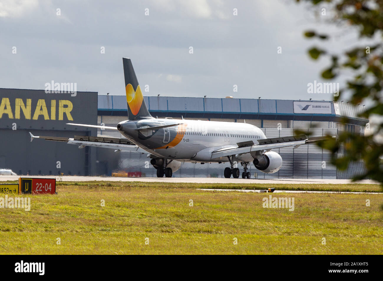 Picture dated September 28th shows a Thomas Cook repatriation flight landing at Stansted Airport,Essex,from Majorca in Spain on Saturday afternoon.The Airbus plane still has the company markings on its tail but the Thomas Cook logo on the front has been removed.  More than half of the 150,000 holidaymakers left stranded abroad after the collapse of travel firm Thomas Cook have been repatriated to Britain, the Civil Aviation Authority regulator said Saturday.  The CAA said 76,000 people had been returned in the first five days of Operation Matterhorn C Britain's biggest peacetime repatriation. Stock Photo