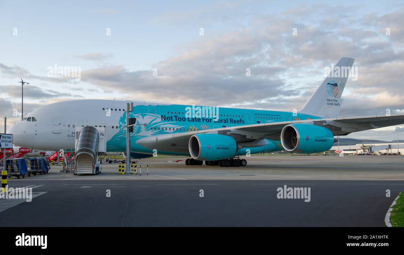 Glasgow, UK. 28 September 2019.  Pictured: Hi Fly Super Jumbo Airbus A380-800 seen on the tarmac awaiting refuelling before going to pick up more stranded passengers. Following the immediate fallout from the collapsed tour company Thomas Cook, Operation Matterhorn is still in full swing at Glasgow Airport. The grounded and impounded Thomas Cook aircraft have been moved to a quieter part of the airfield to make way for the wide body fleet needed for operation Matterhorn. Colin Fisher/CDFIMAGES.COM Stock Photo