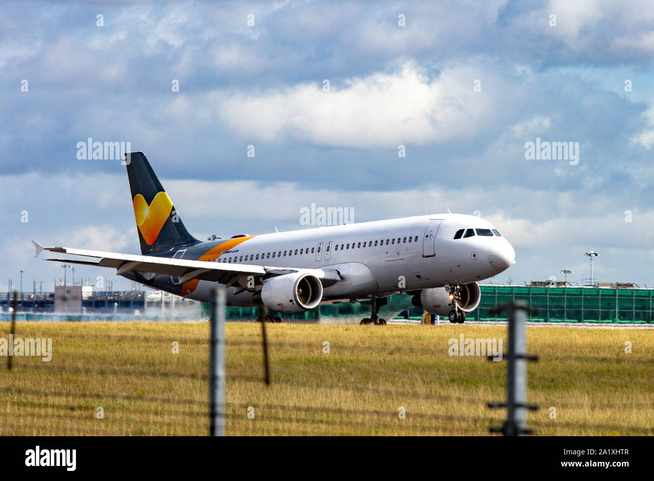 Picture dated September 28th shows a Thomas Cook repatriation flight landing at Stansted Airport,Essex,from Majorca in Spain on Saturday afternoon.The Airbus plane still has the company markings on its tail but the Thomas Cook logo on the front has been removed.  More than half of the 150,000 holidaymakers left stranded abroad after the collapse of travel firm Thomas Cook have been repatriated to Britain, the Civil Aviation Authority regulator said Saturday.  The CAA said 76,000 people had been returned in the first five days of Operation Matterhorn C Britain's biggest peacetime repatriation. Stock Photo