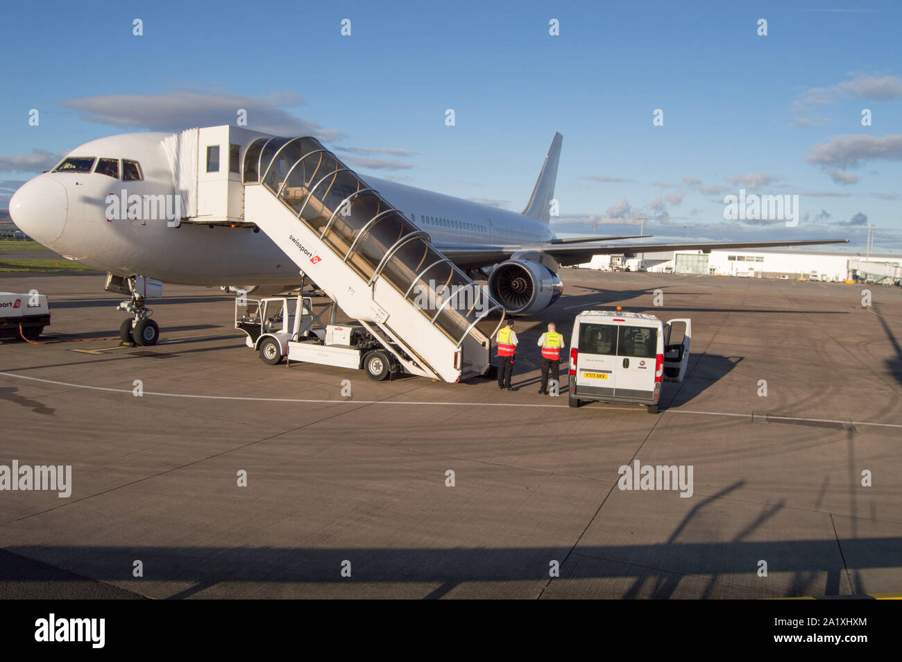 Glasgow, UK. 28 September 2019.  Pictured: Eastern Boeing 767-300 the tarmac after just landing. Following the immediate fallout from the collapsed tour company Thomas Cook, Operation Matterhorn is still in full swing at Glasgow Airport. The grounded and impounded Thomas Cook aircraft have been moved to a quieter part of the airfield to make way for the wide body fleet needed for operation Matterhorn. Colin Fisher/CDFIMAGES.COM Stock Photo