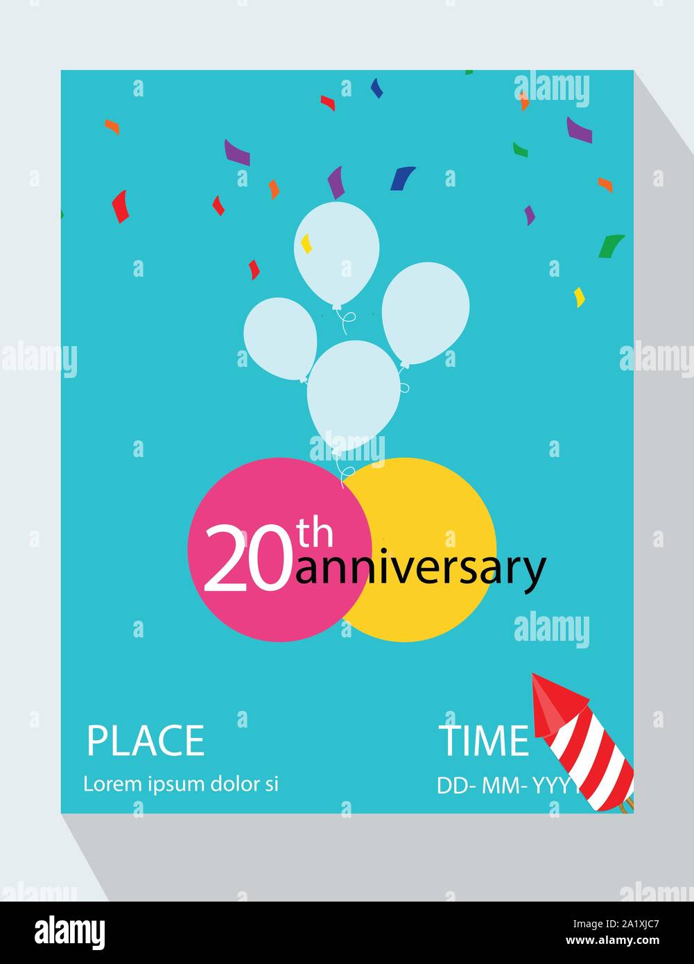 20th Years Anniversary invitation Design, with gift box and balloons, ribbon, Colorful Vector template elements for birthday celebration party Stock Vector