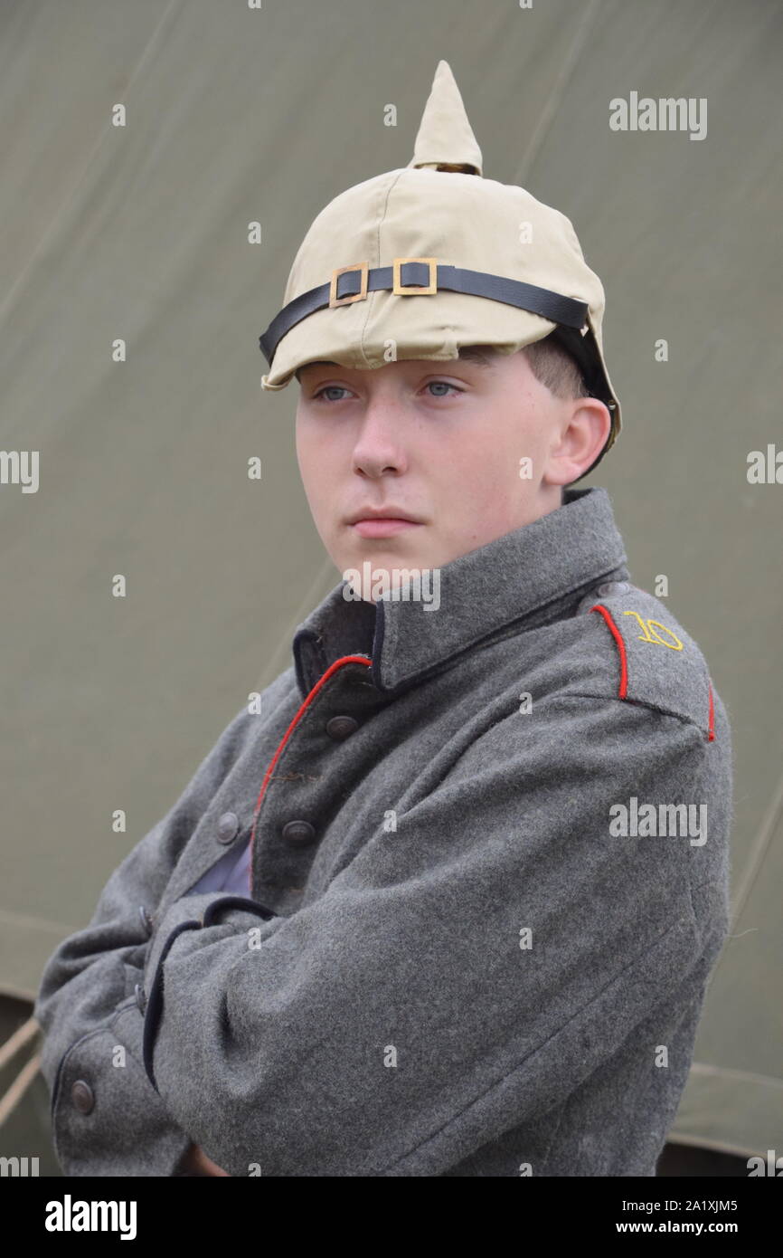A WWI re-enactor in the uniform of a German soldier wearing a pickelhaube helmet at the Gravesend Fort in the Forties event. Stock Photo