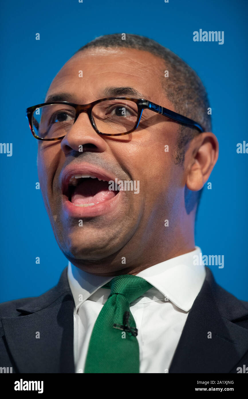 Manchester, UK. 29th September 2019. James Cleverly, Co-Chairman of the Conservative Party, Minister without Portfolio and MP for Braintree speaks at day one of the Conservative Party Conference in Manchester. © Russell Hart/Alamy Live News. Stock Photo