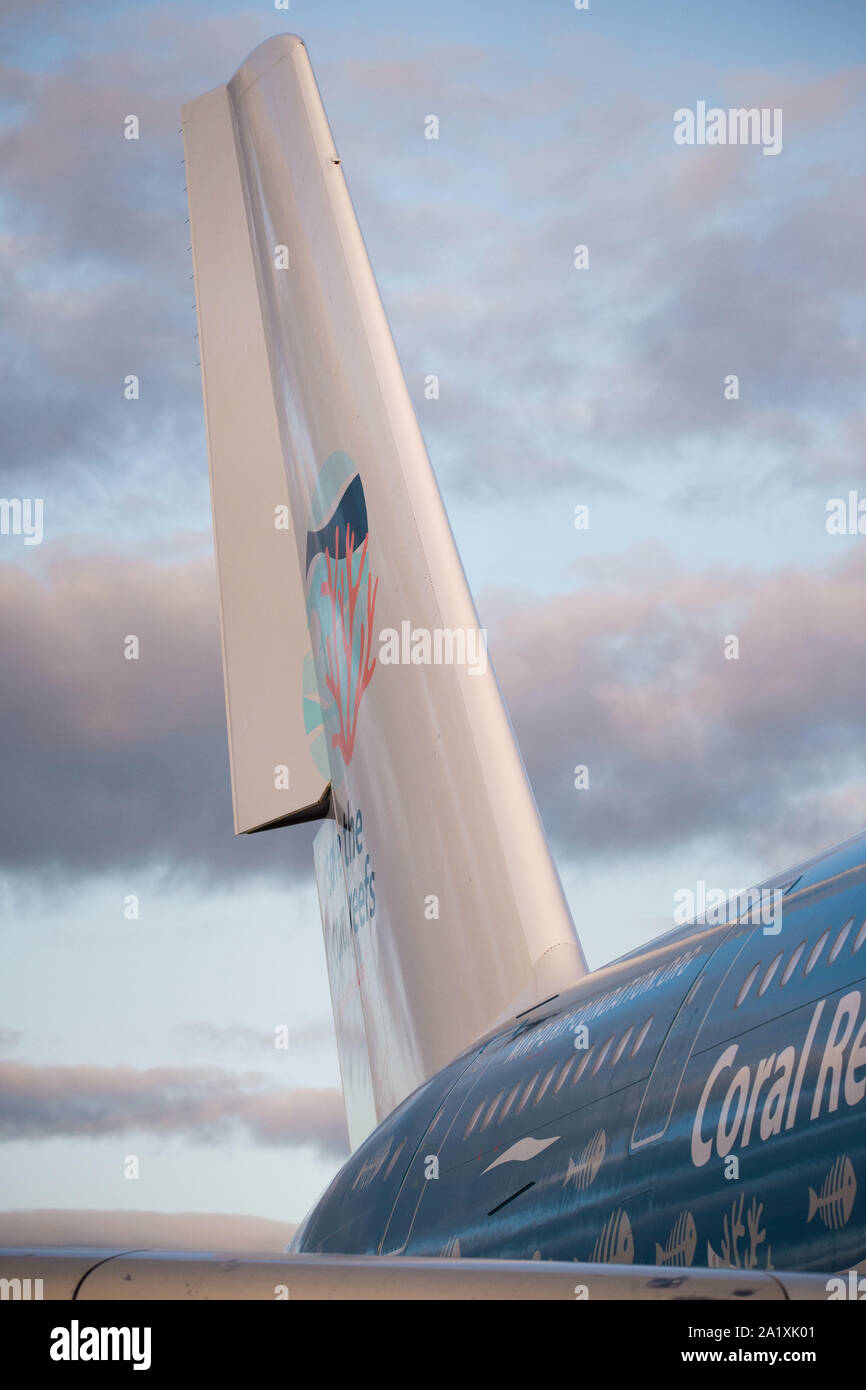 Glasgow, UK. 28 September 2019.  Pictured: Hi Fly Super Jumbo Airbus A380-800 seen on the tarmac awaiting refuelling before going to pick up more stranded passengers. Following the immediate fallout from the collapsed tour company Thomas Cook, Operation Matterhorn is still in full swing at Glasgow Airport. The grounded and impounded Thomas Cook aircraft have been moved to a quieter part of the airfield to make way for the wide body fleet needed for operation Matterhorn. Colin Fisher/CDFIMAGES.COM Stock Photo