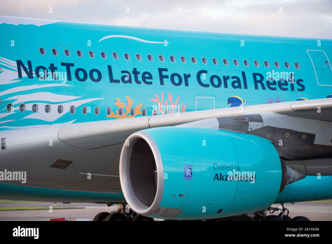 Glasgow, UK. 28 September 2019.  Pictured: Hi Fly Super Jumbo Airbus A380-800 seen on the tarmac awaiting refuelling before going to pick up more stranded passengers. Following the immediate fallout from the collapsed tour company Thomas Cook, Operation Matterhorn is still in full swing at Glasgow Airport. The grounded and impounded Thomas Cook aircraft have been moved to a quieter part of the airfield to make way for the wide body fleet needed for operation Matterhorn. Colin Fisher/CDFIMAGES.COM Stock Photo