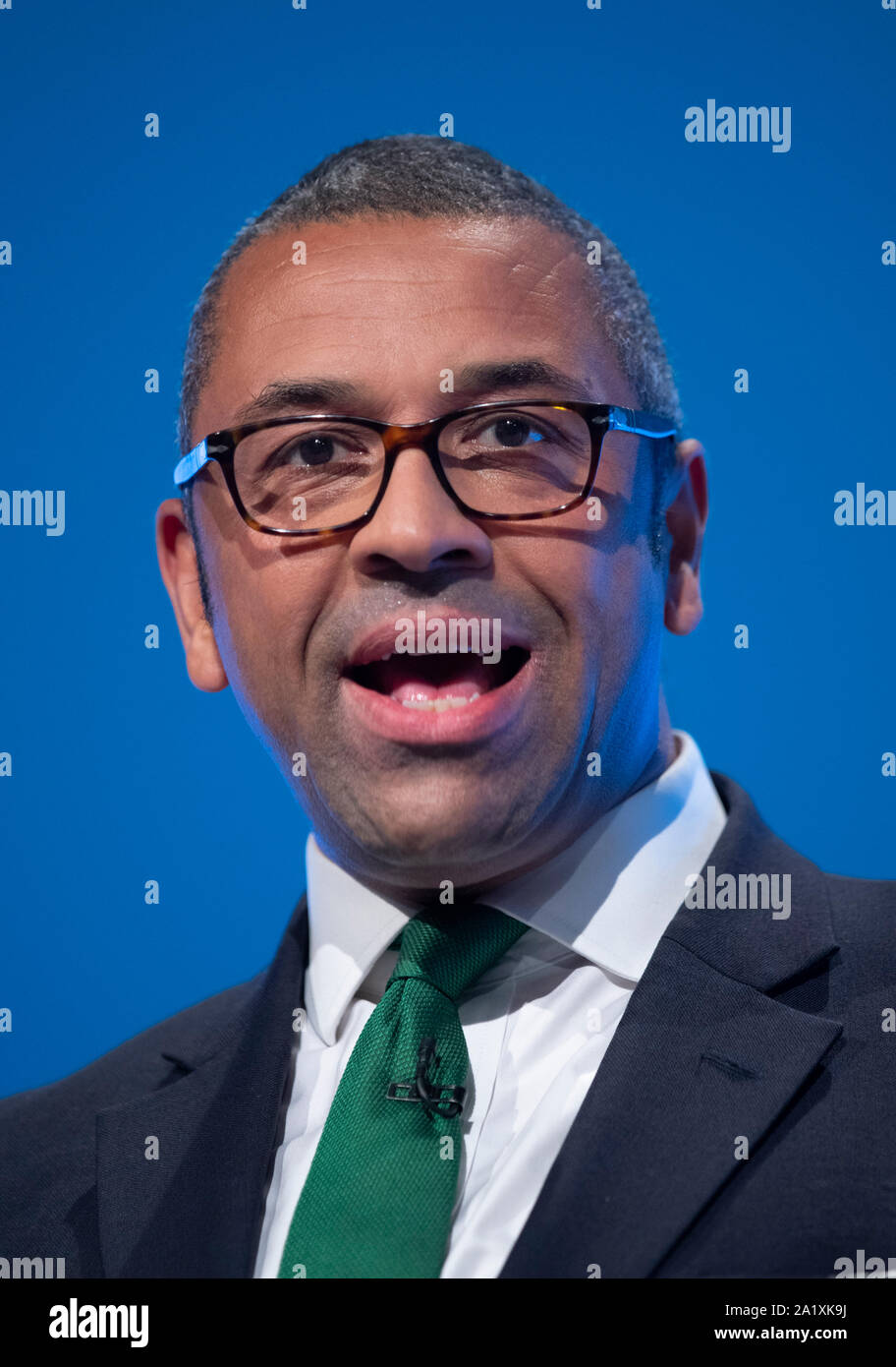 Manchester, UK. 29th September 2019. James Cleverly, Co-Chairman of the Conservative Party, Minister without Portfolio and MP for Braintree speaks at day one of the Conservative Party Conference in Manchester. © Russell Hart/Alamy Live News. Stock Photo
