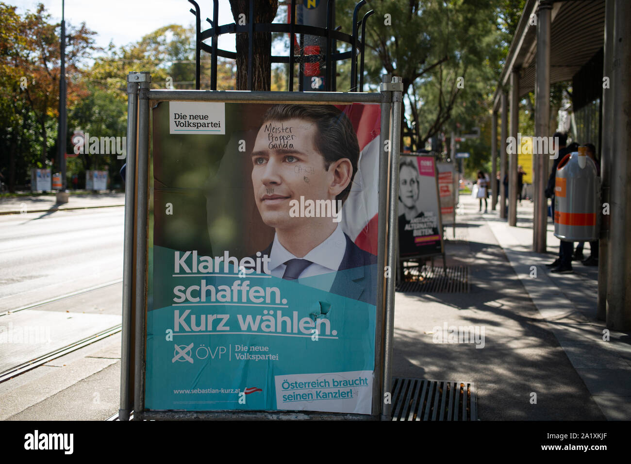 Defaced Campaign Poster during the Austrian Elections September 2019 of Sebastian Kurz, leader of the Austrian People's Party/Österreichische Volkspartei/ÖVP Stock Photo