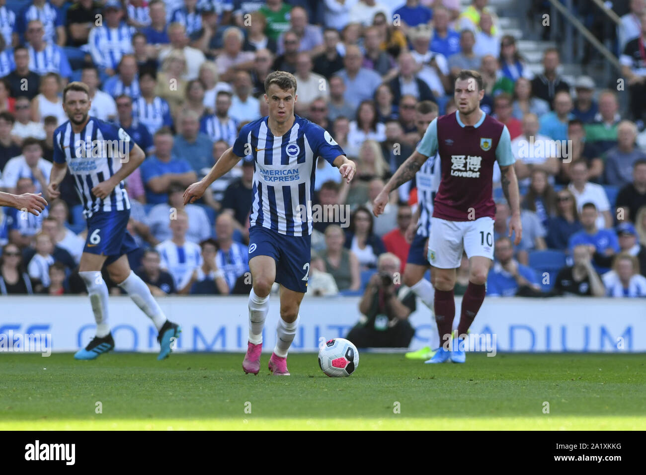 14th September 2019, American Express Community Stadium, Brighton, England; Premier League Football, Brighton vs Burnley ; Solly March (20) of Brighton runs with the ball  Credit: Phil Westlake/News Images  Premier League/EFL images are subject to DataCo Licence Stock Photo