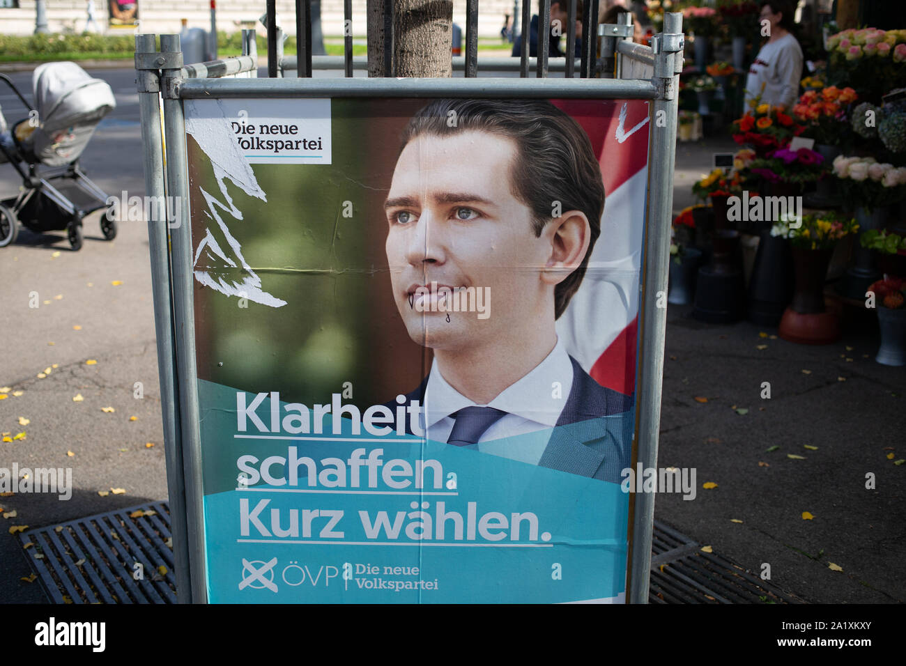 Defaced Campaign Poster during the Austrian Elections September 2019 of Sebastian Kurz, leader of the Austrian People's Party/Österreichische Volkspartei/ÖVP Stock Photo