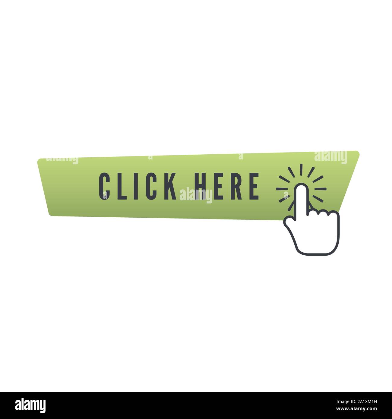 Hand cursor with animation of action over green button with text click here on white background. Web icons element. Vector illustration Stock Vector