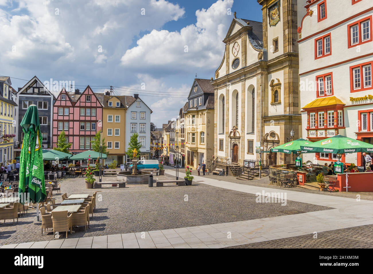 Colorful houses at the central market square of Hachenburg, Germany Stock Photo