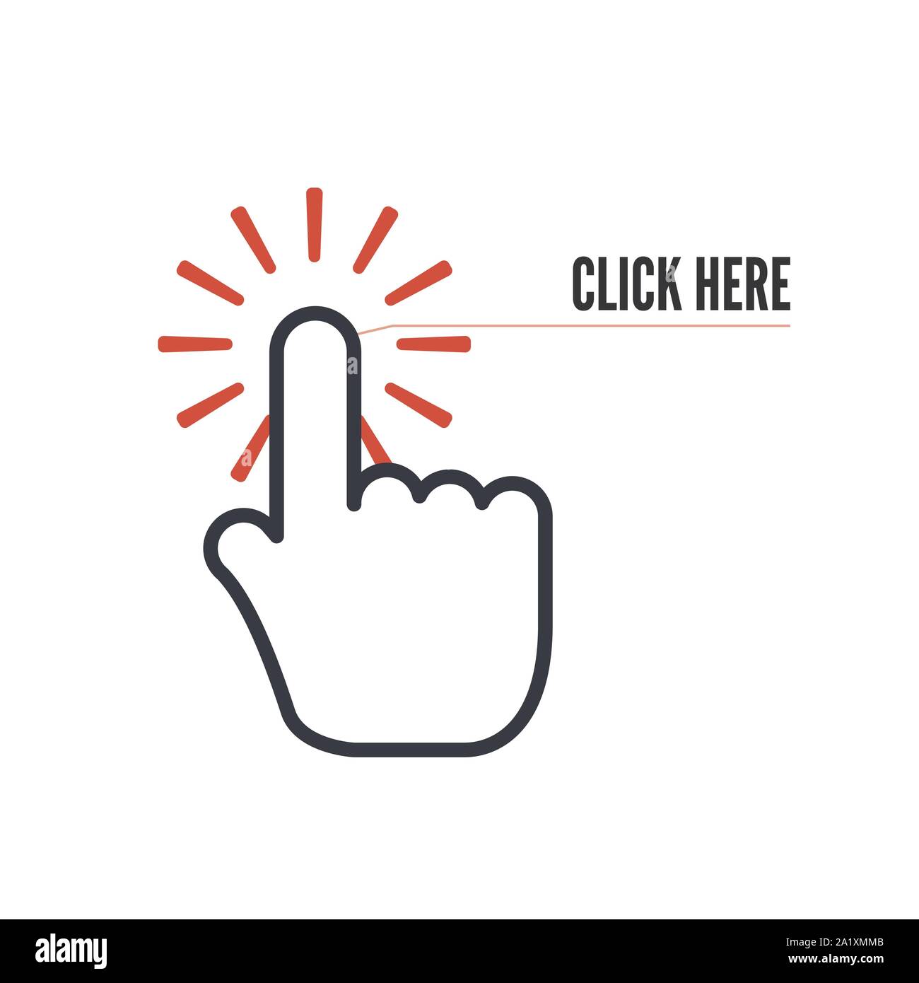 Hand cursor with animation of action and text click here on white background. Web icons element. Vector illustration Stock Vector