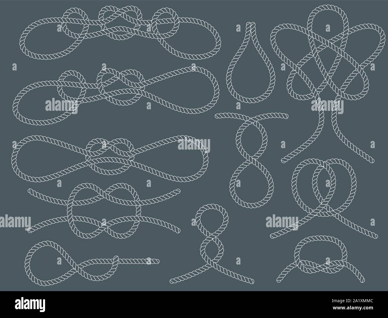 Set of nautical knots. Flat vector white outline rope. Stock Vector