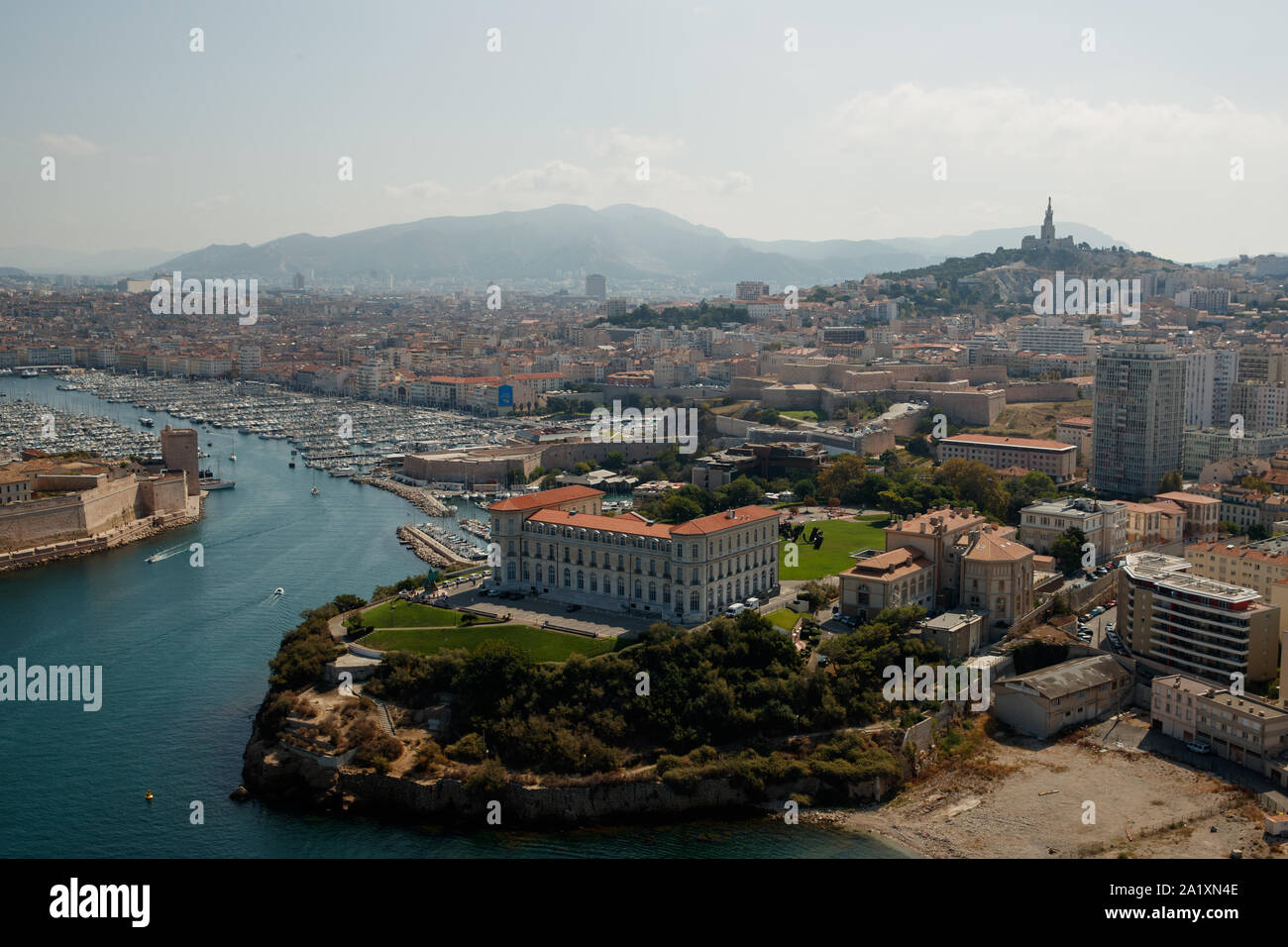 General View of Pharo Palace, the Notre-Dame de la Garde Basilica and the city of Marseille Stock Photo