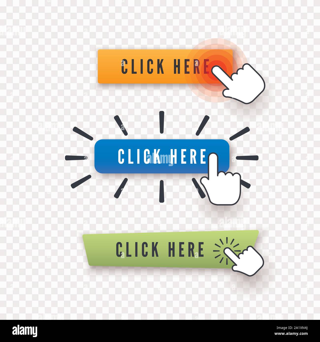 Hand cursor over button with text click here. Web icons element. Set of different buttons. Vector illustration isolated on transparent background Stock Vector