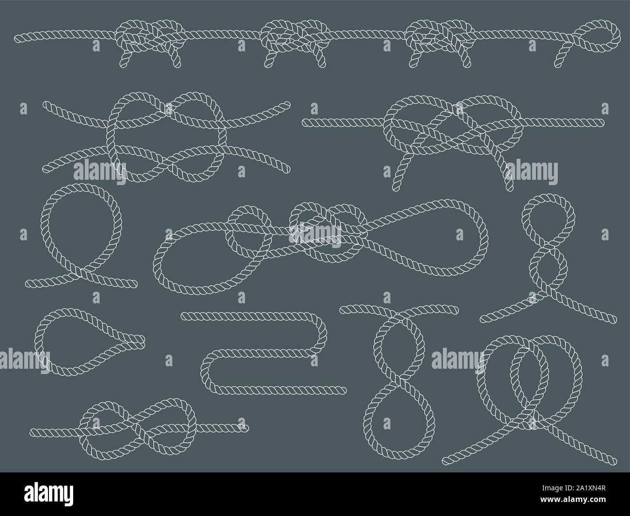 Set of nautical knots. Flat vector white outline rope. Stock Vector