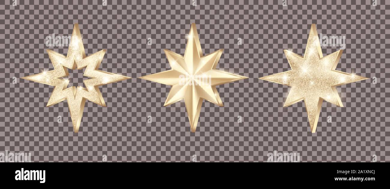 Set of golden stars with glitter. Christmas decoration element. Luxury elegant award - Star. Vector illustration isolated on transparent background Stock Vector