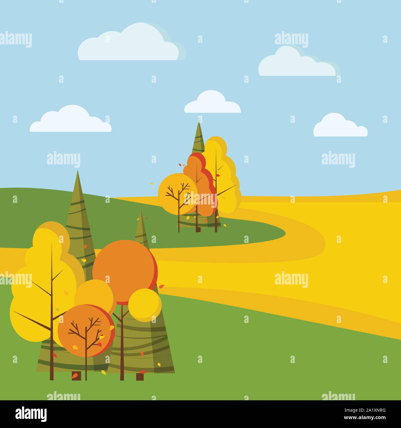 Autumn vector flat rural landscape background with yellow and orange trees, spruces, fields, clouds in cartoon style. Stock Vector