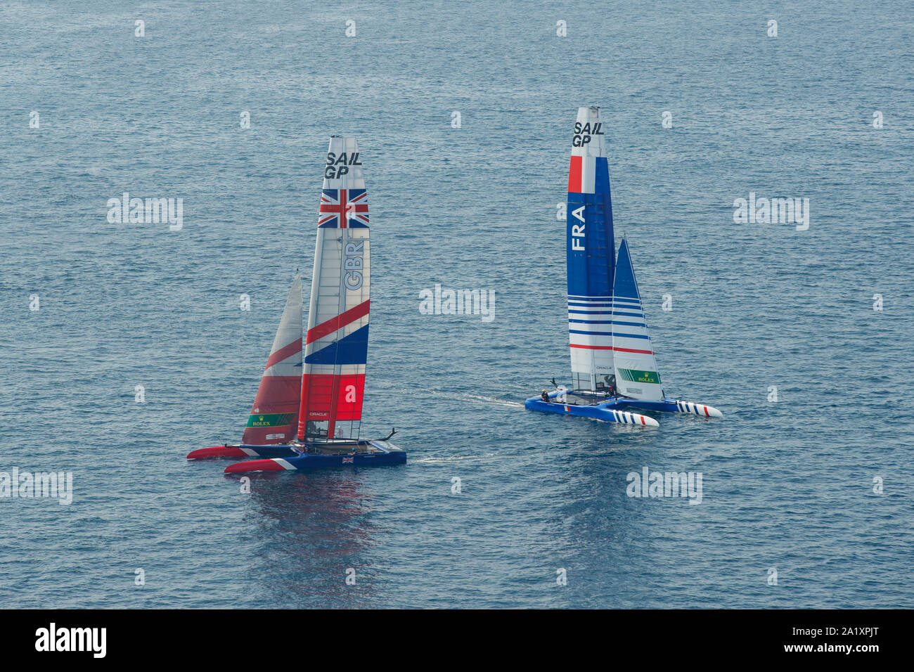 An aerial view of the Great Britain SailGP and Sail GP France Team F50 catamarans during the practice race before the final SailGP event of Season 1 i Stock Photo