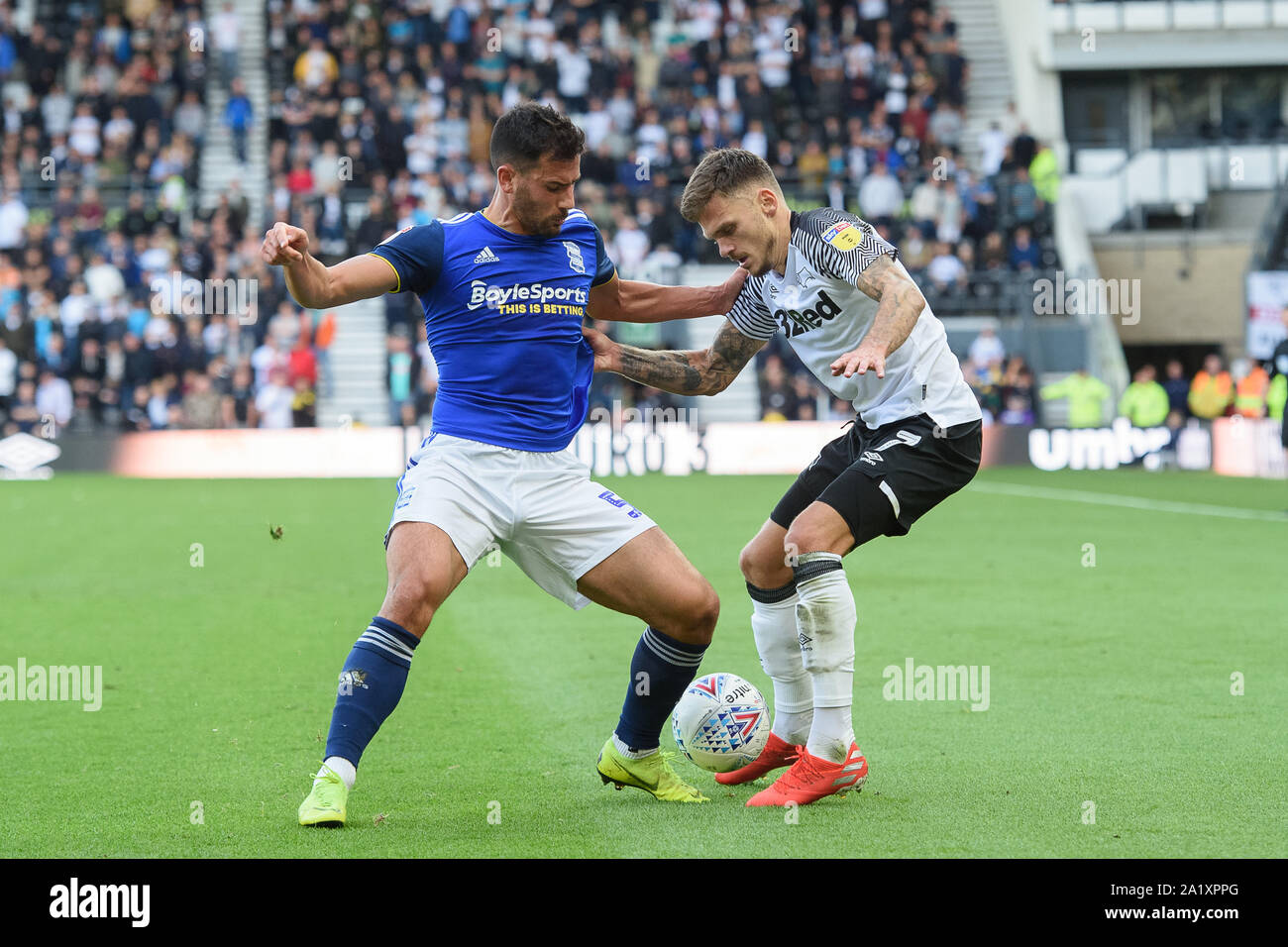28th September 2019, Pride Park Stadium, Derby, England; Sky Bet Championship, Derby County v Birmingham City : Maxime Colin (5) of Birmingham City battles with Jamie Paterson (7) of Derby County  Credit: Jon Hobley/News Images Stock Photo