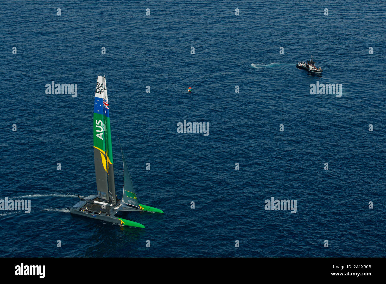 The Australia SailGP Team F50 catamaran sail during a practice race